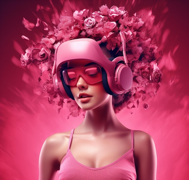 A woman with pink headphones and a pink tank top that says " pink ".