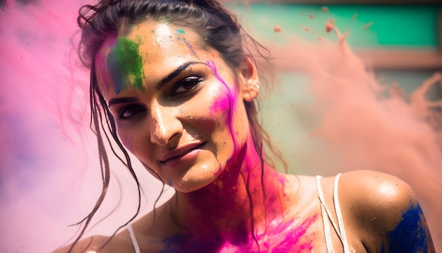 A woman with a pink holi paint on her face