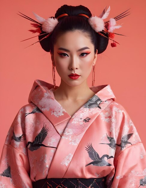 a woman with a pink kimono on her head