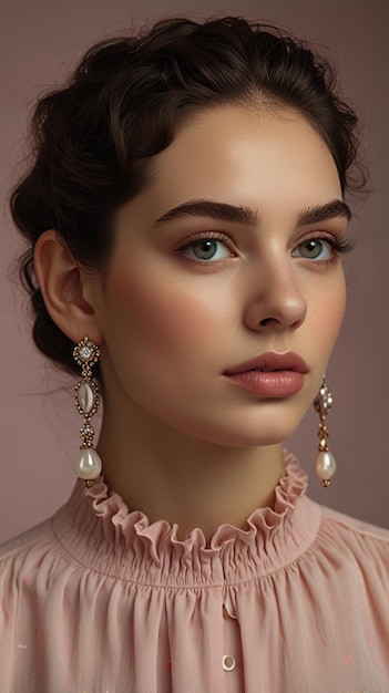 a woman with a pink lip and earrings