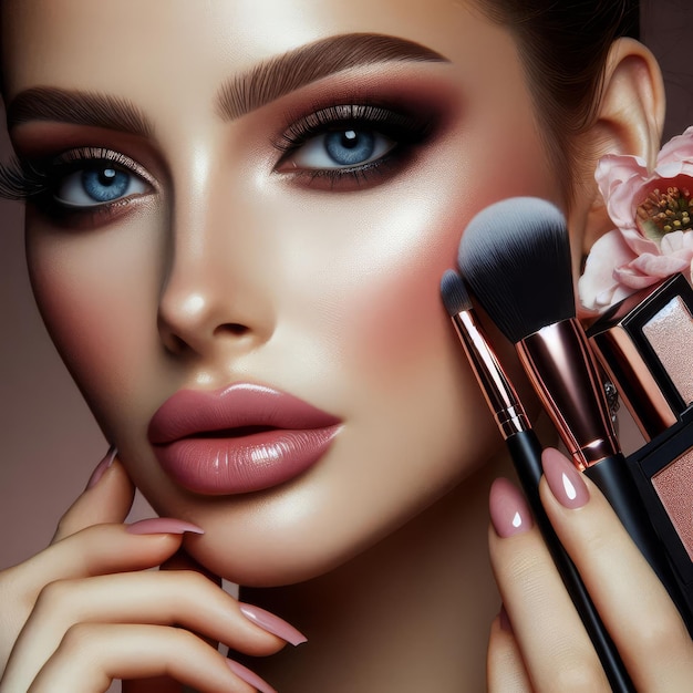 Photo a woman with a pink lip gloss is holding a bottle of makeup