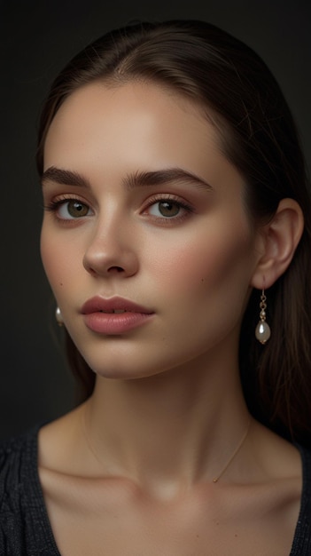 a woman with a pink lip and gold earrings