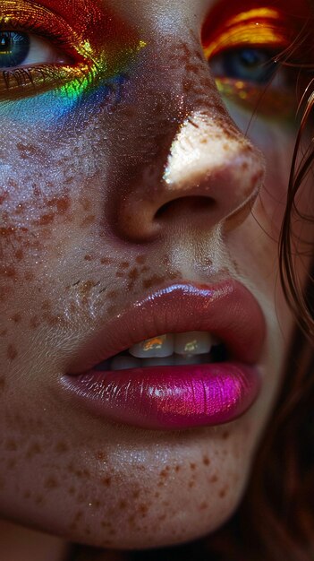 Photo a woman with a pink lip and purple lipstick on her lips