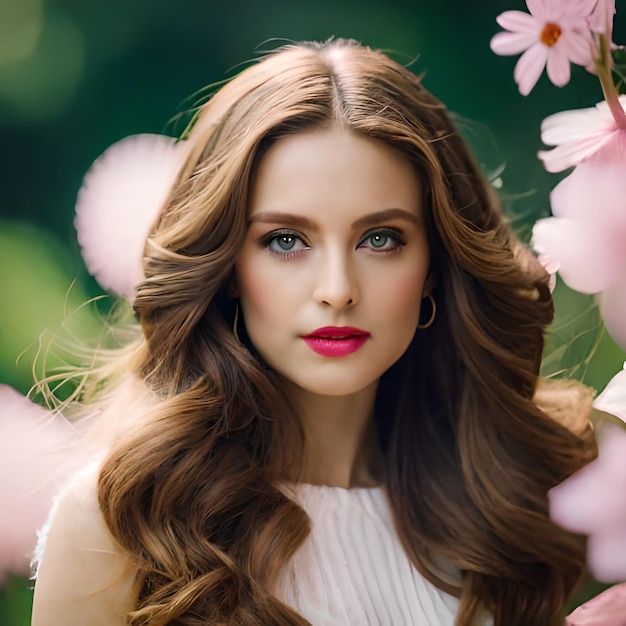 A woman with a pink lip and a white top stands in front of a flower field.