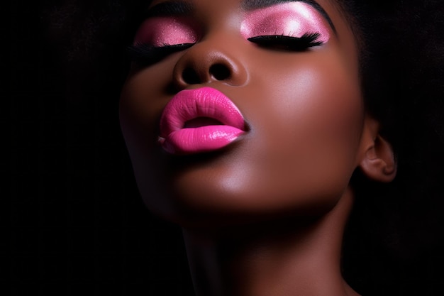 A woman with pink lips and a pink lip