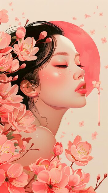 a woman with pink lips and pink lips is surrounded by flowers