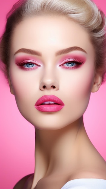 A woman with pink lipstick and blue eyeshadow