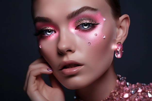 A woman with pink makeup and pink glitter on her face