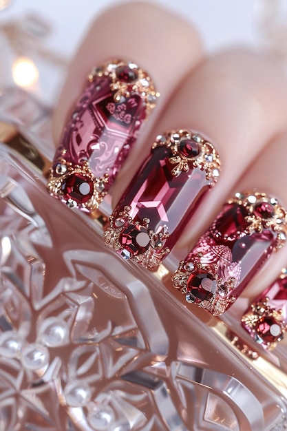 a woman with a pink manicure and a diamond ring