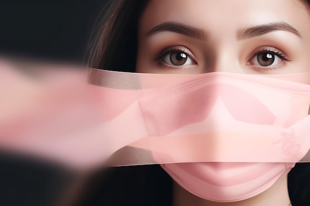 a woman with a pink mask covering her face and her eyes