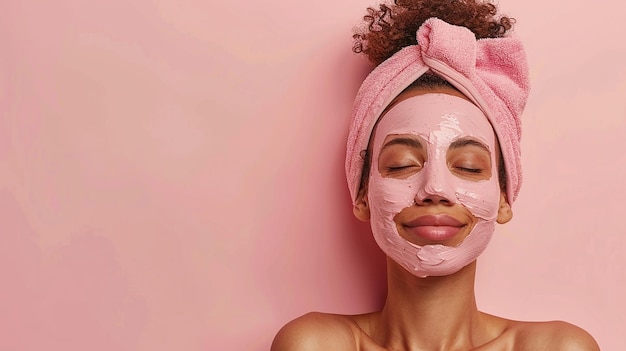 Photo a woman with a pink mask on her face with a pink towel around her face