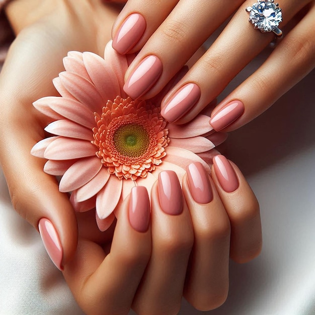 a woman with pink nails and a flower in her hand