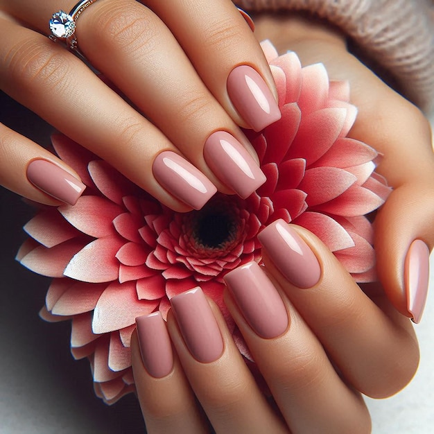 a woman with pink nails and a ring on her hand