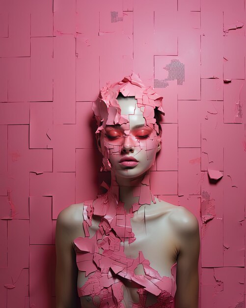 Photo a woman with pink paint on her face and face covered in pink paper