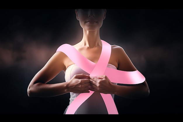 a woman with a pink ribbon around her neck celebrating world breast cancer awareness