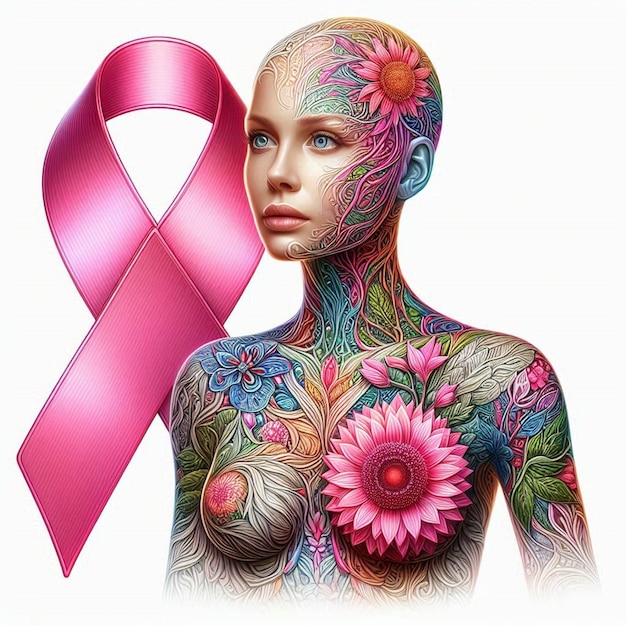 a woman with a pink ribbon around her neck and a pink ribbon around her neck