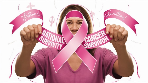 a woman with a pink ribbon around her neck