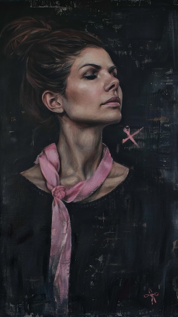 Photo woman with pink ribbon on neck standing resilient against adversity breast cancer awareness