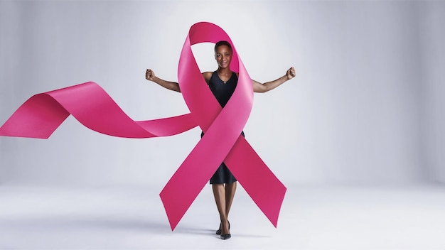 a woman with a pink ribbon that says breast cancer awareness