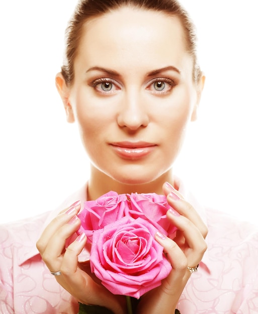 Woman with pink roses