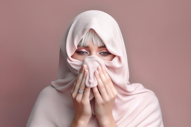 A woman with a pink scarf covers her mouth and has a handkerchief on her nose.