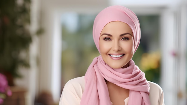 Woman with pink scarf on her head Cancer Awareness