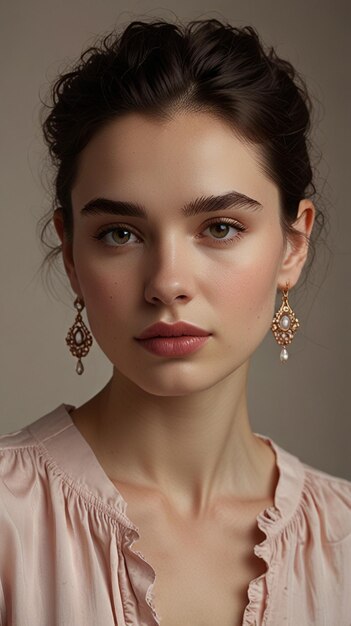 a woman with a pink shirt and earrings on her head