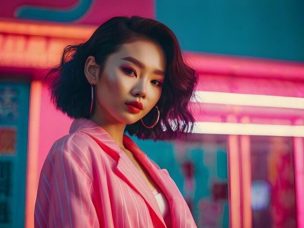 a woman with a pink shirt and earrings is standing in front of a mirror