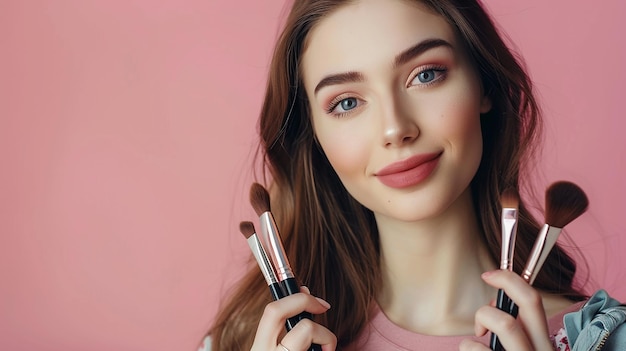 Photo a woman with a pink shirt is holding a brush and a pink lipstick