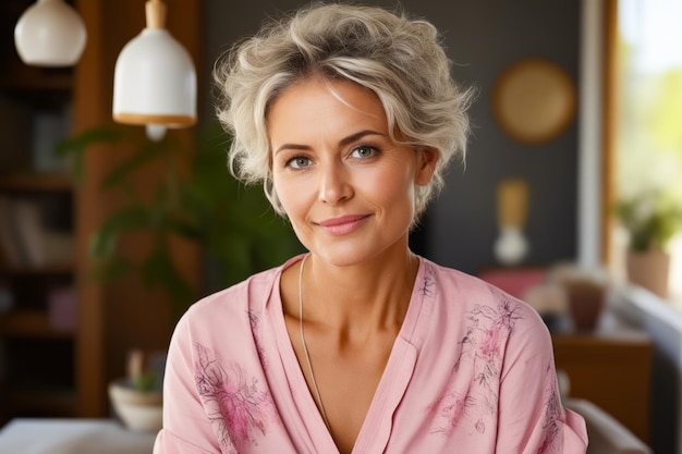 Woman with pink shirt and necklace on her neck Generative AI