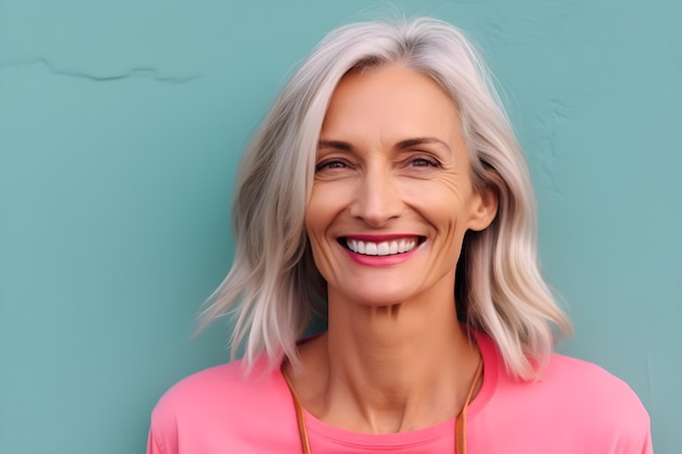 A woman with a pink shirt smiles in front of a blue background.