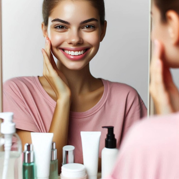 a woman with a pink shirt that says she is looking at a mirror