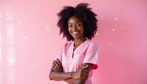 a woman with a pink shirt that says shes wearing a pink shirt