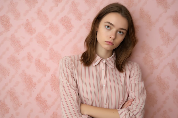 A woman with a pink striped shirt stands in front of a pink wall with a pink background