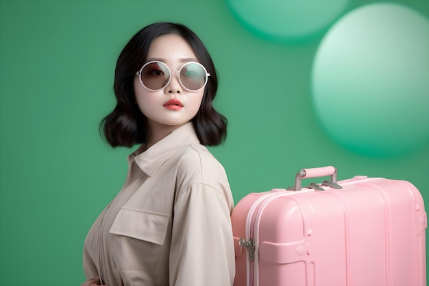 A woman with a pink suitcase in front of a green background.