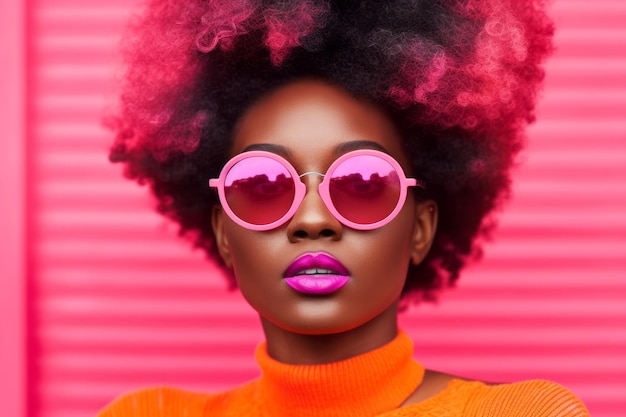 A woman with pink sunglasses and a bright orange sweater stands in front of a pink wall.