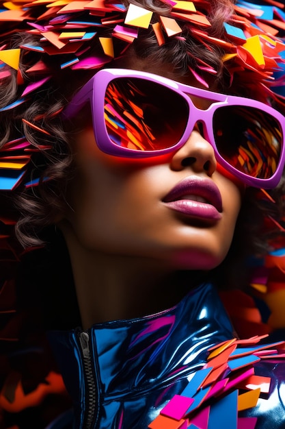 Woman with pink sunglasses and colorful hairdo Generative AI