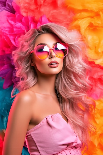 A woman with pink sunglasses on her head and the word love on the top