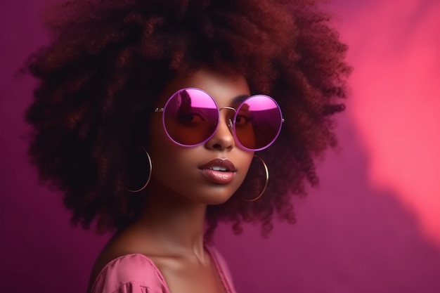 A woman with a pink sunglasses on and a pink background.