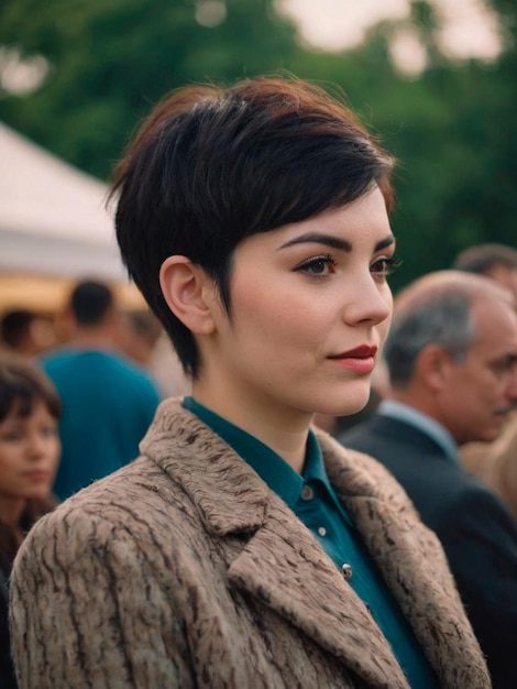 Woman with pixie cut and brown jacket