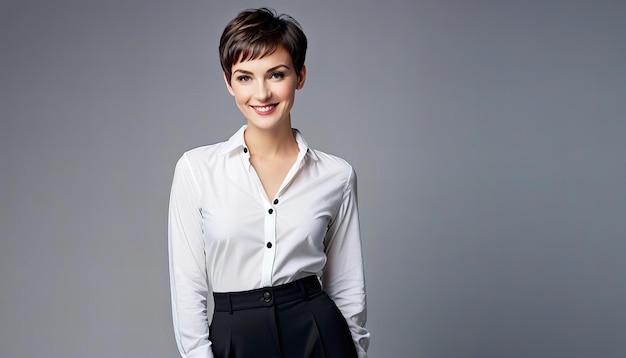 Woman with pixiecut hair wearing a white buttonup shirt and black trousers