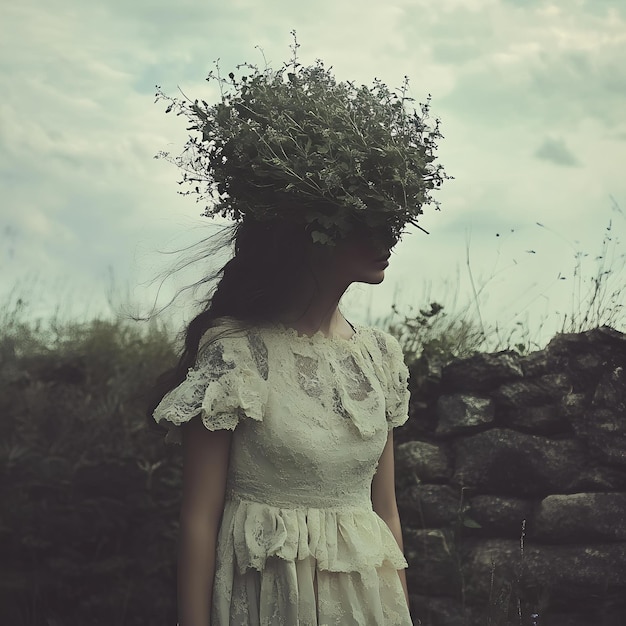 A woman with a plant on her head stands in front of a stone wall