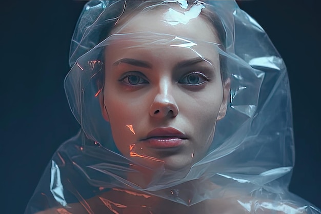 Photo a woman with a plastic bag wrapped around her neck