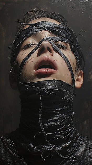 Photo a woman with a plastic wrap around her mouth is covered in plastic