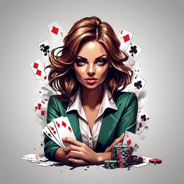 Photo a woman with a poker chips and a card that says quot playing cards quot