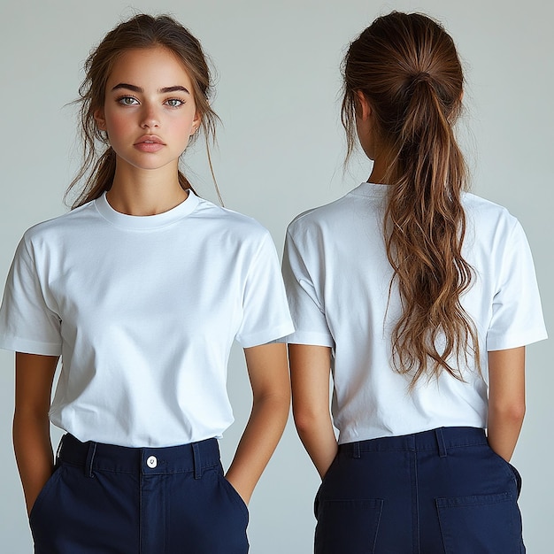 a woman with a pony tail is standing next to her