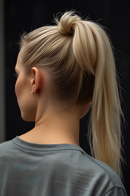 Photo a woman with a ponytail is looking at the mirror