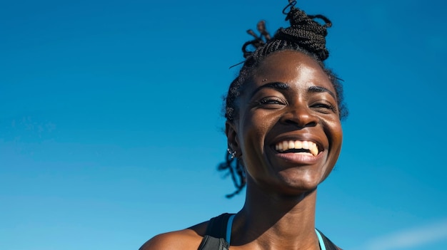 A woman with a ponytail is smiling and looking up at the sky