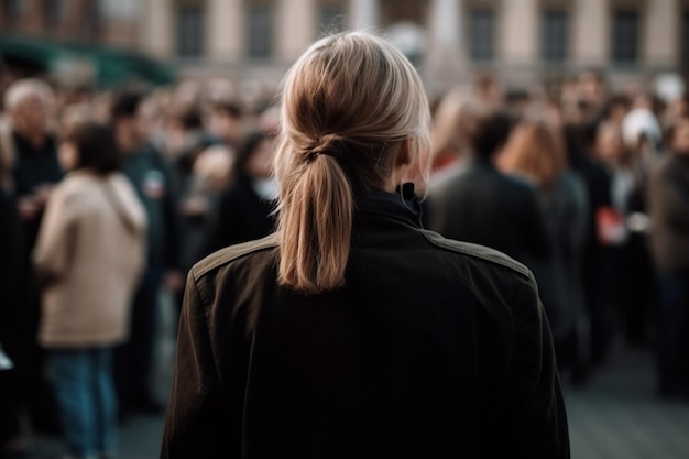 A woman with a ponytail stands in a crowd.