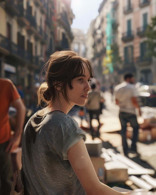 Photo a woman with a ponytail stands in front of a building with a man in the background